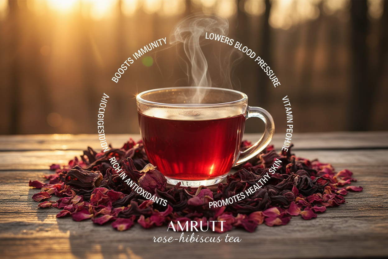 write AMRUTT rose-hibiscus tea at the bottom 